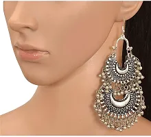 CosMos Double Chandbali Fancy Oxidized Silver Afghani Tribal Mirror Earrings for Girls and Women-thumb1