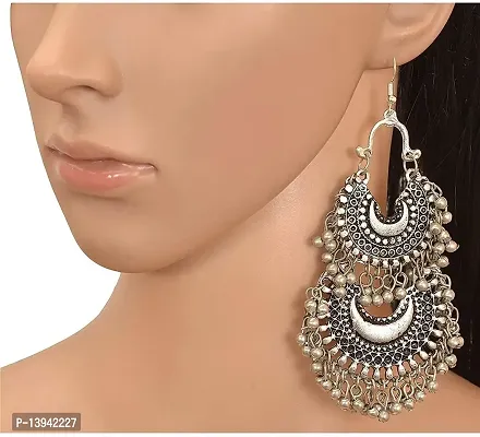 CosMos Double Chandbali Fancy Oxidized Silver Afghani Tribal Mirror Earrings for Girls and Women-thumb2