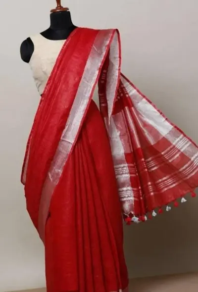 Silver Border Woven Design Pompom Pallu Linen Blend Sarees