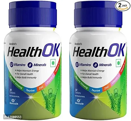 Health Ok Multivitamin With Natural Ginseng, Taurine Power, Daily Energy, Alertness, Vitamin D, C  Other 18 Multivitamins Minerals, For Overall Health, 30 Tablets (Veg) X Pack Of 2-thumb0