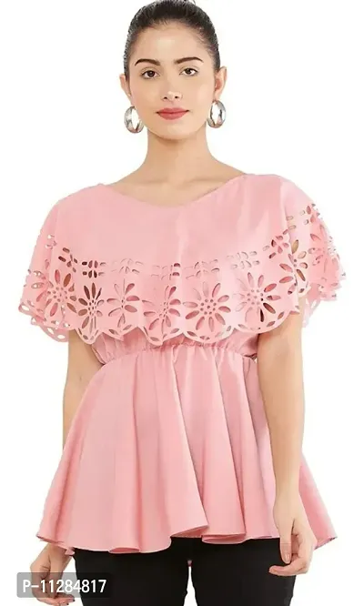 Alluring Peach Crepe Cut Work Tops For Women