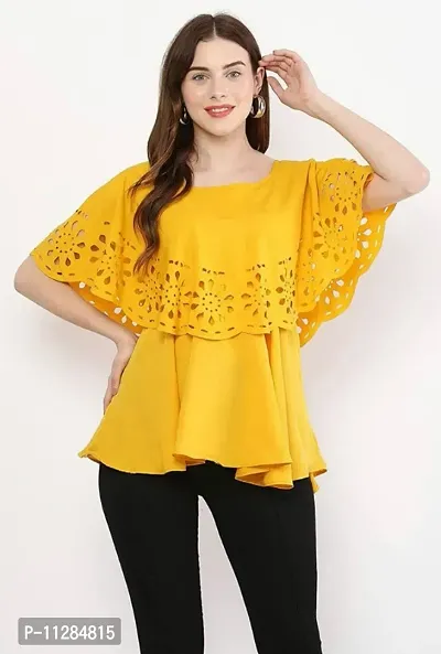 Alluring Yellow Crepe Cut Work Tops For Women