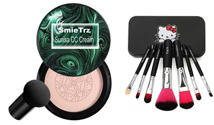 SMIETRZ Oil Control Compact Powder - All Day Matte Finish Face Makeup  Hello Kitty Storage Case (7-Pieces) Brushes Set In Combo Pack For Women  Girls | All Skin Types