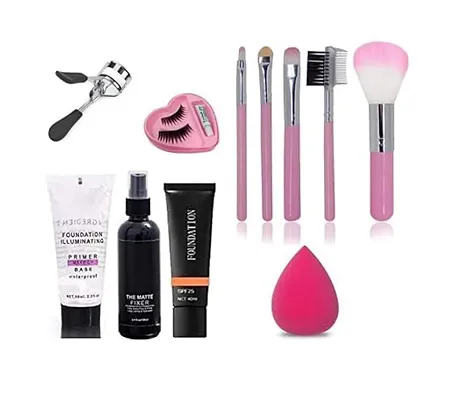 Smietrz Professional makeup combo,eyelashes curler,5 Pcs makeup brush set,foundation,makeup fixer,Makeup base primer,1 Makeup sponge (Set of 7)