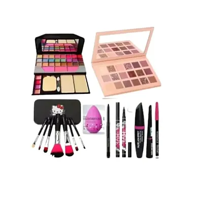 MIETRZ Premuim Choice Makeup Combo Kit Rose Eyeshadow Nude Eyeshadow Hello Kitty Brushes Set And Eyeliner (16 Pieces Set)