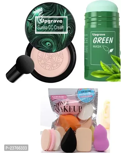 SMIETRZ Oil Control Compact Powder - All Day Matte Finish Face Makeup With Green Tea Stick Oil Control Deep Clean Purifying Solid Mask Skincare, Beauty Blender Puff In Combo Pack For Men  Women-thumb0