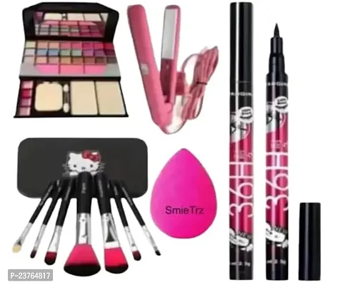 SMIETRZ TYA 6155 Kit, 7 Pieces Black Brushes Set, Hair Straightner, 36H Eyelinear, 1 Beauty Blender For All Women And Girls