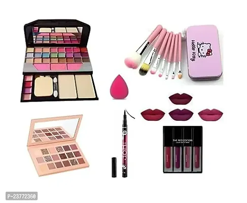 Smietrz professional makeup combo,pink hello kitty makeup brushs set,nude eyeshadow,sketch eyeliner,1 Sponge,4 pcs liquid matte lipstick (Set of 6)