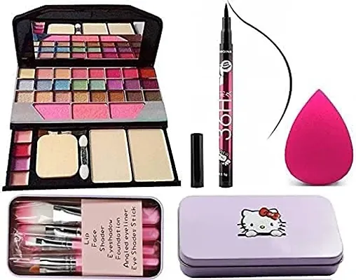 Smietrz 6155 Multicolour Makeup Kit and 7 Pink Makeup Brushes Set, 36H Waterproof Eyeliner Pencil with Pink Beauty Blender - (Pack of 10)