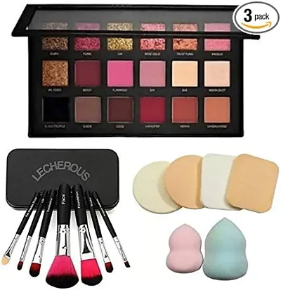 Smietrz ?Face combo of Eyeshadow 18 shades with 7pc makeup brush set and 6in1 makeup sponge blender (Multicolour, 3 items in set)