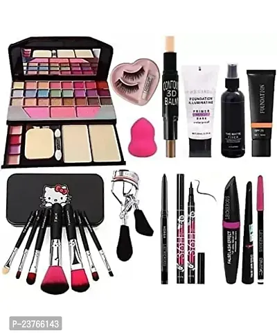 Smietrz 6155 Makeup Kit and 7 Black Makeup Brushes,Contour Stick,Primer,Fixer,Foundation,Kajal,36H Eyeliner,Eyelashes  Curler, Beauty Blender  3in1 Liner,Mascara,Eyebrow Pencil - (Pack of 20)-thumb0