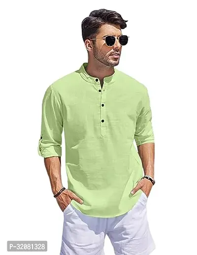 Stylish Light Green Cotton Blend Solid Short Kurta For Men-thumb0