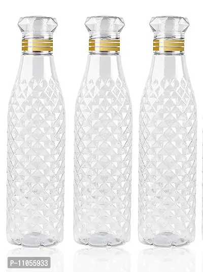 WHEEL CREW Plastic Fridge Water Bottle Set of 3, Ideal for Kitchen,Home,Office, Sports, School, Travelling Water Bottle with Diamond Cap Water Bottle(1000ml -Crystal Diamond Bottle)(Pack of 3)-thumb0