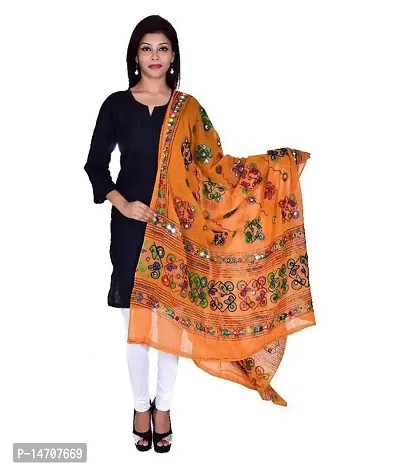 IndiaCarvan Woman's Cotton embroidered mirror work Dupatta (Orange)-thumb2