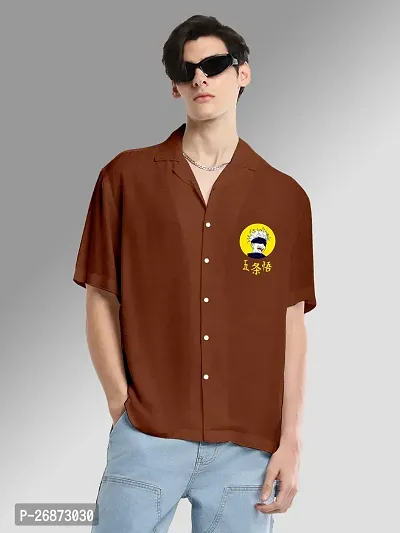FTX Men Printed Half Sleeve Oversized Brown Casual Shirt