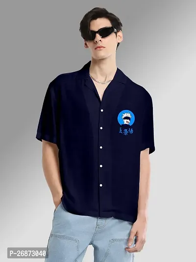 FTX Men Printed Half Sleeve Oversized Navy Blue Casual Shirt