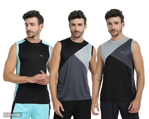 Stylish Multicoloured Polyester Colourblocked Gym Vest For Men Pack Of 3-thumb0