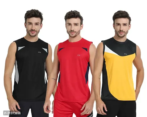 Stylish Multicoloured Polyester Colourblocked Gym Vest For Men Pack Of 3-thumb0