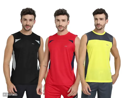 Stylish Multicoloured Polyester Colourblocked Gym Vest For Men Pack Of 3