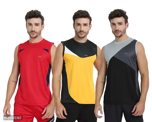 Stylish Multicoloured Polyester Colourblocked Gym Vest For Men Pack Of 3