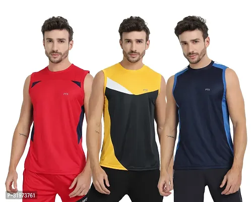 Stylish Multicoloured Polyester Colourblocked Gym Vest For Men Pack Of 3