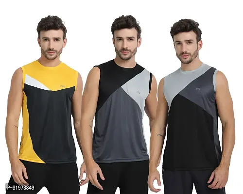 Stylish Multicoloured Polyester Colourblocked Gym Vest For Men Pack Of 3-thumb0