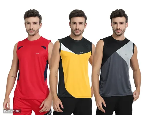 Stylish Multicoloured Polyester Colourblocked Gym Vest For Men Pack Of 3