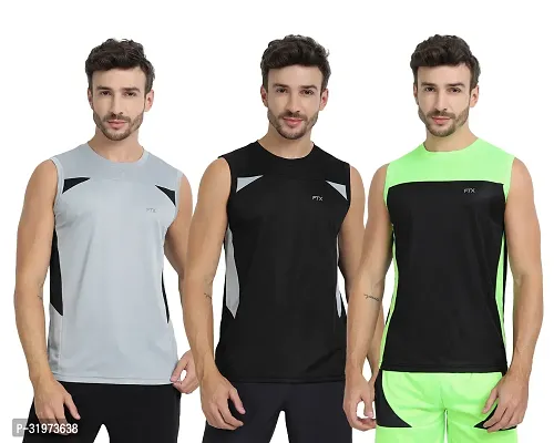 Stylish Multicoloured Polyester Colourblocked Gym Vest For Men Pack Of 3