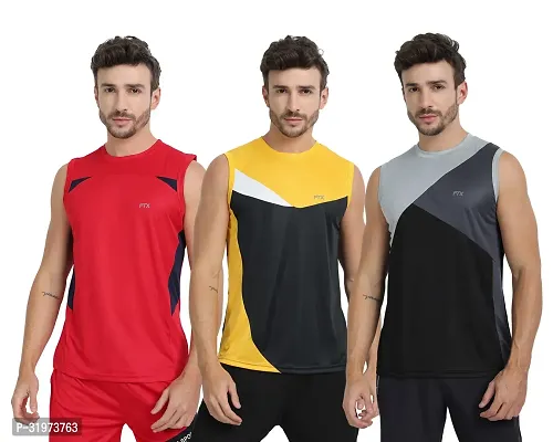 Stylish Multicoloured Polyester Colourblocked Gym Vest For Men Pack Of 3-thumb0