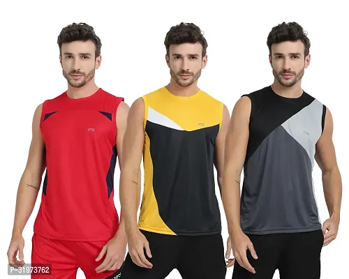 Stylish Multicoloured Polyester Colourblocked Gym Vest For Men Pack Of 3-thumb0