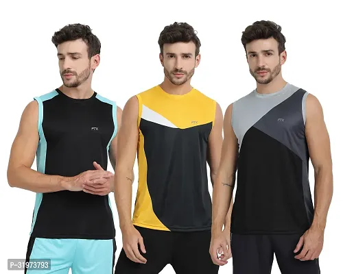 Stylish Multicoloured Polyester Colourblocked Gym Vest For Men Pack Of 3