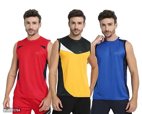 Stylish Multicoloured Polyester Colourblocked Gym Vest For Men Pack Of 3