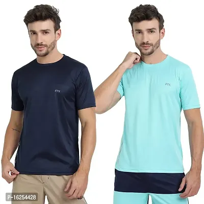 FTX Men's Dri-Fit Round Neck T-Shirt Combo - Pack of 2 (Aqua Blue, Navy Blue - 723_3-723_6)