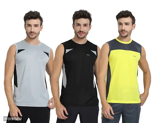 Stylish Multicoloured Polyester Colourblocked Gym Vest For Men Pack Of 3