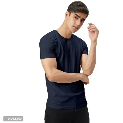 Stylish Navy Blue Cotton Blend Tees For Men-thumb0