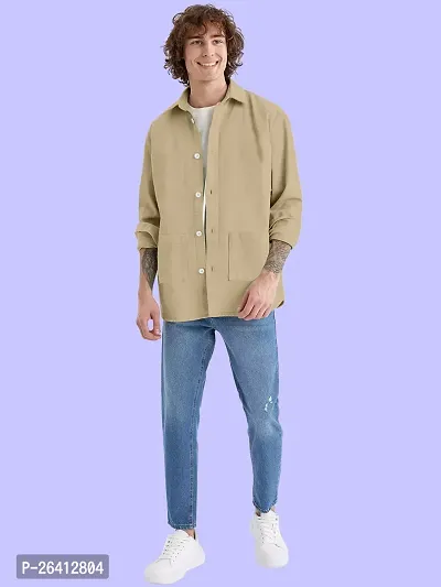 FTX Men Solid Oversized Full Sleeve Beige Shirt-thumb3