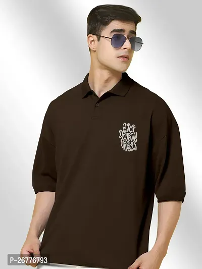 FTX Men Printed Polo Neck Oversized Brown Tshirt-thumb3