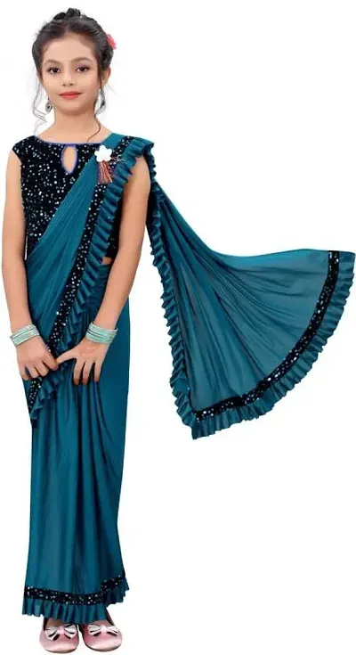 KESAVJIVAN Kids Lycra Blend Ready ToWear Saree With Sequence Blouse Piece