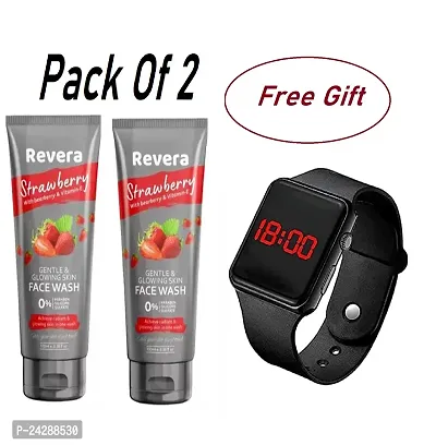 Revera  Naturals Strawberry Face Wash With Bearberry Vitamin-E  Free Black Digital Led Watch (Pack Of2 )