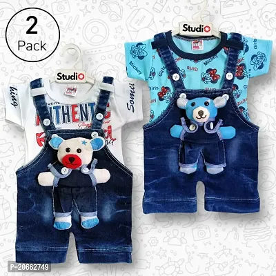 Stylish Multicoloured Cotton Printed Dungarees For Boy Pack Of 2