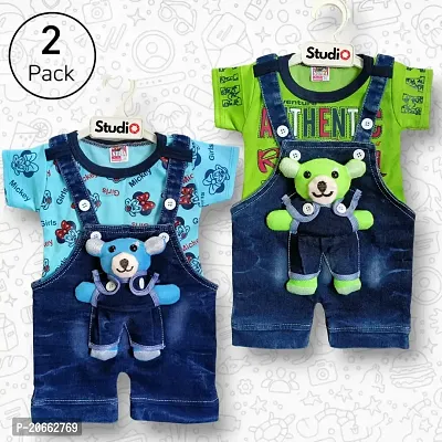 Stylish Multicoloured Cotton Printed Dungarees For Boy Pack Of 2