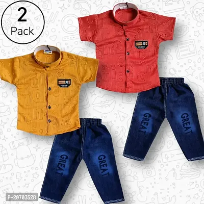 Comfortable Shirts with Jeans Printed Multicoloured For Boys Pack Of 2