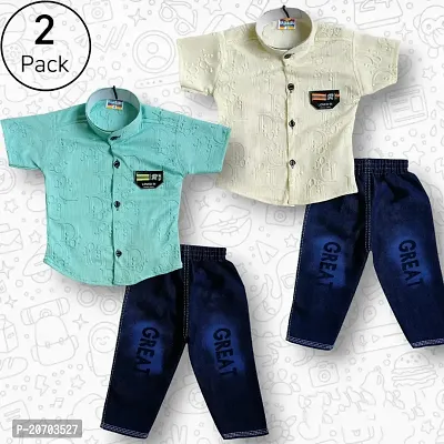 Comfortable Shirts with Jeans Printed Multicoloured For Boys Pack Of 2-thumb0