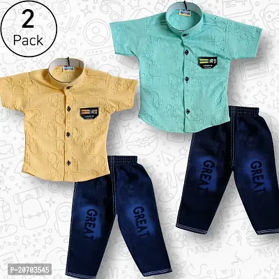Comfortable Shirts with Jeans Printed Multicoloured For Boys Pack Of 2-thumb0