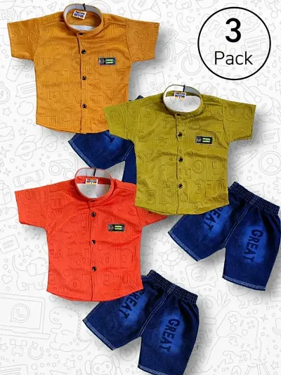 Pack of 3 Boys Polyester Shirt with Denim Shorts Sets for boys