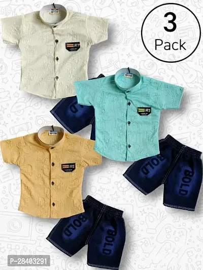 Pack of 3 Boys Polyester Shirt with Denim Shorts-thumb0