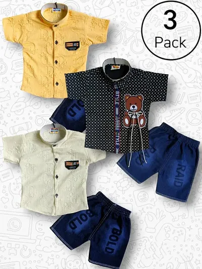 Pack of 3 Boys Polyester Shirt with Denim Shorts Sets for boys
