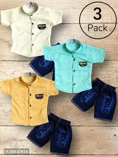 Pack of 3 Boys Polyester Shirt with Denim Shorts-thumb0