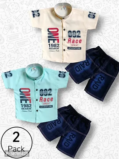 2PC PACK Boys Polycotton Half Sleeve Shirts with Denim Shorts Sets for Kids-thumb0