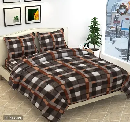 Fabture Checked Printed Woollen Fleece Double Bedsheet for Winters with 2 Pillow Covers.(Brown ; Standard Size)-thumb0